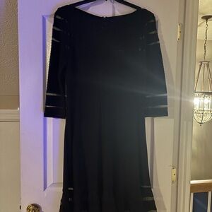Tadashi Shoji Black Midi Dress with Sheer Stripe Accents